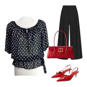 Copper Key Black & White Polka Dot Peplum Chiffon Top Size Small